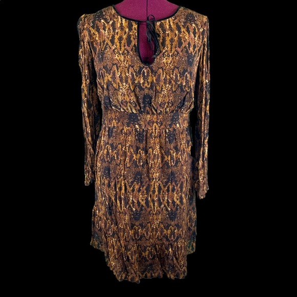 Context Lord & Taylor Brown Multicolor Dress Midi Long Bell Sleeve Women's Large - Picture 4 of 9